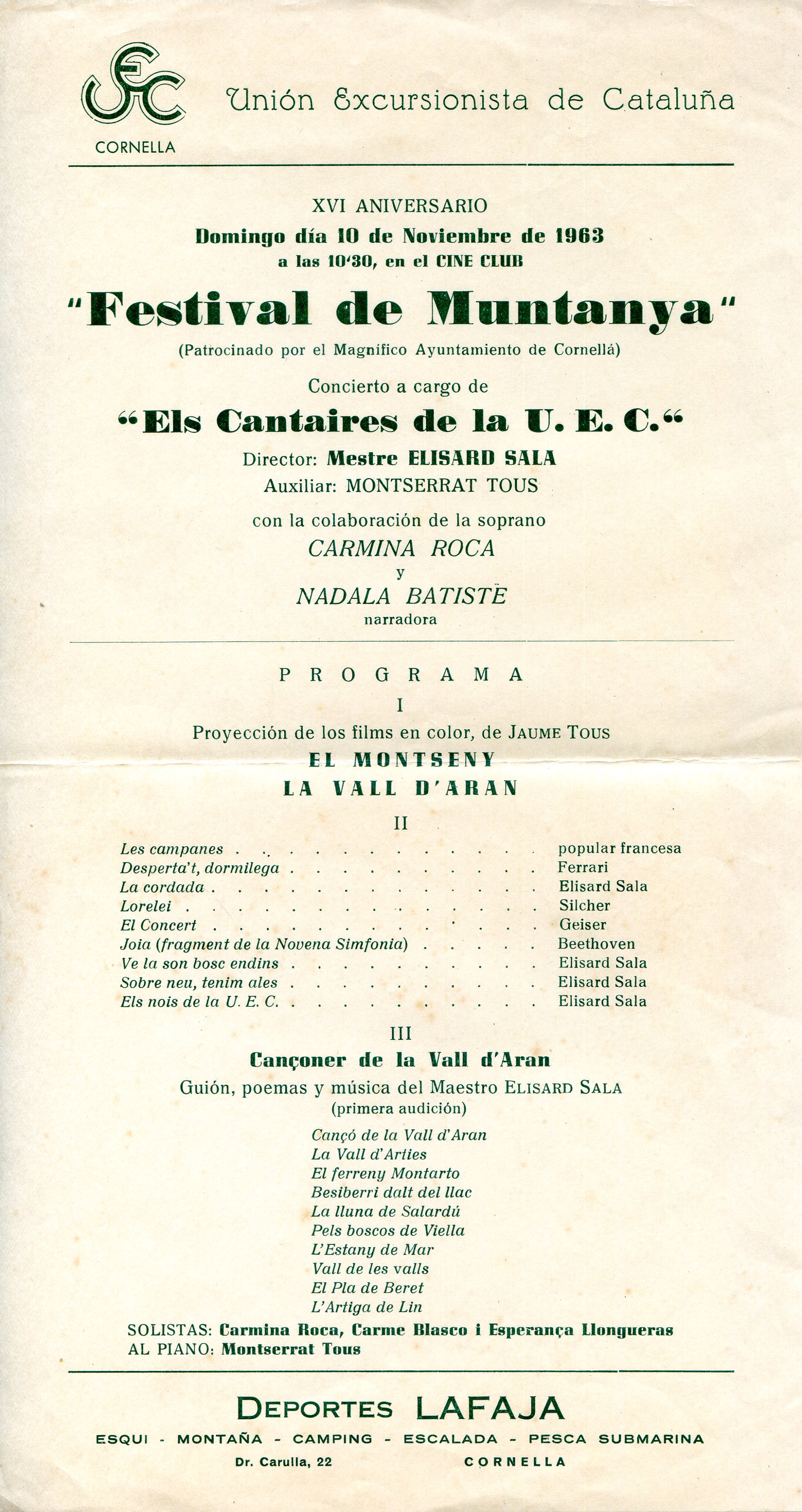 XVI Aniversario : Domingo día 10 de Noviembre de 1963 a las 10,30, en el Cine Club : "Festival de Muntanya" : Concierto a cargo de "Els Cantaires de la U.E.C." - Portada